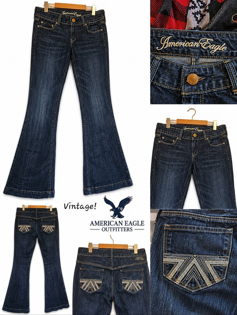 Vintage American Eagle Y2K Dark Wash Geometric Flare Jeans Size 10 L Bell Bottom